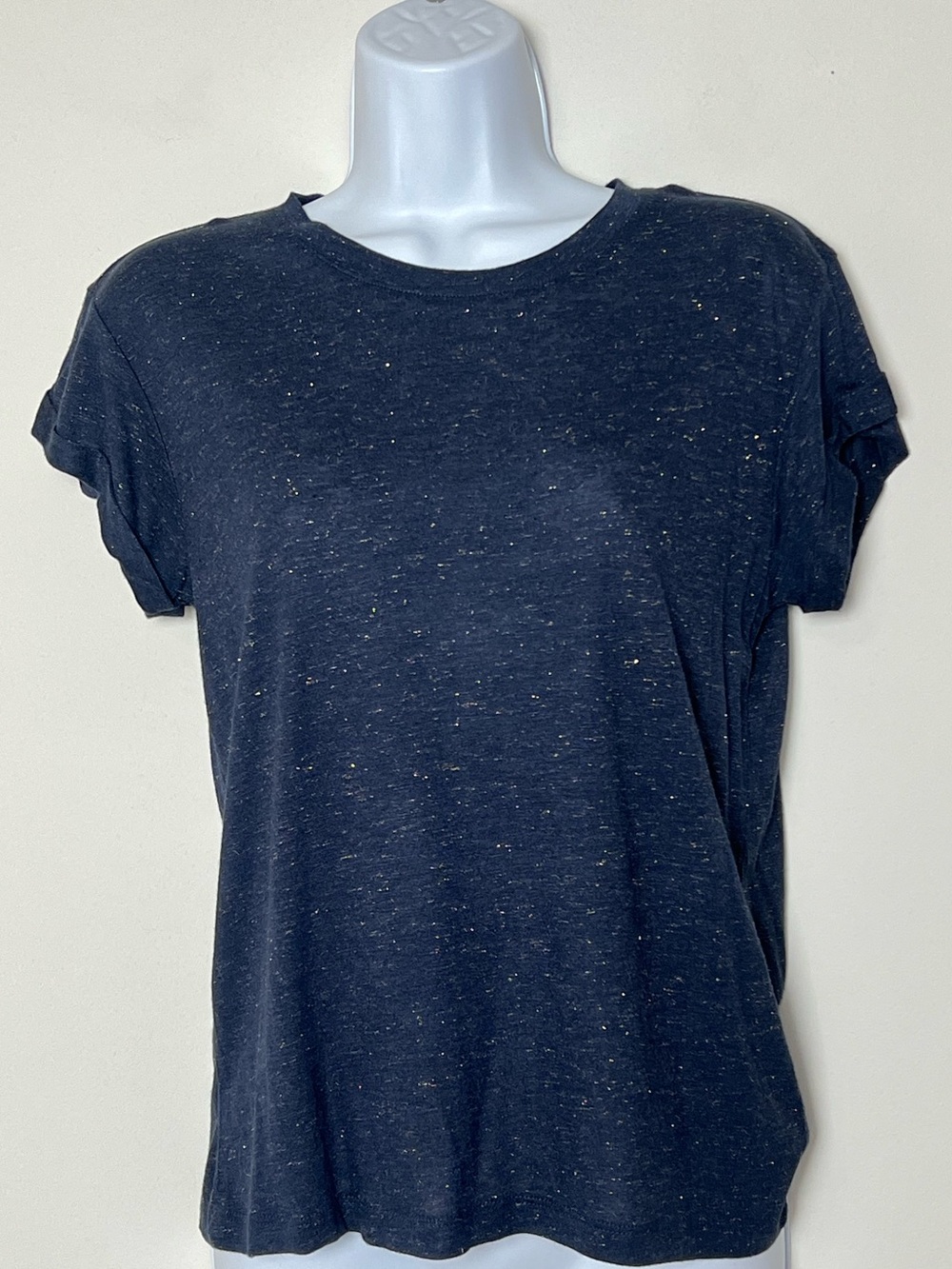 NWT AllSaints Anna Navy Blue Silver Shimmer Metallic Rolled Sleeve Tee Shirt
